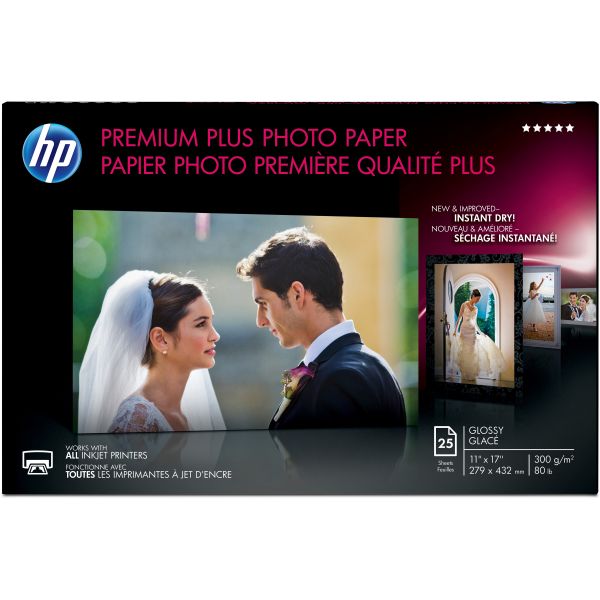 HEWCV065A HP Premium Plus Photo Paper, 75 lbs., Glossy, 11 x 17, 25 Sheets/Pack