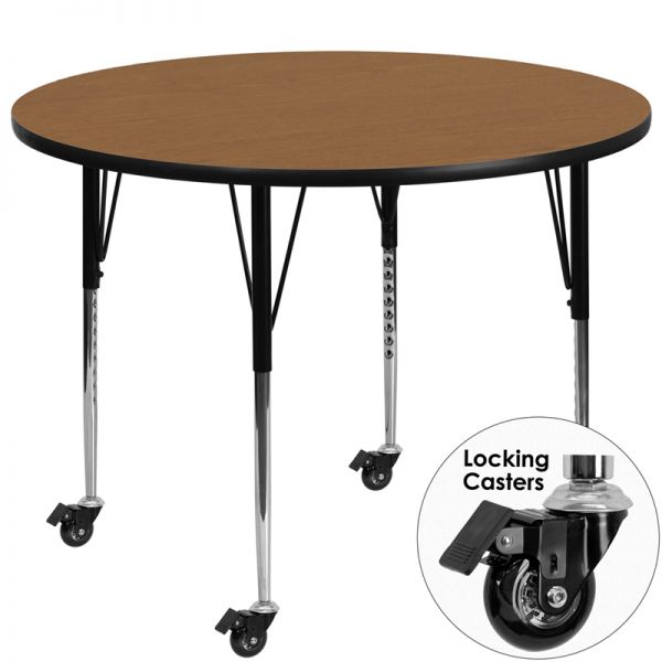 FHFXUA42RNDOAKTACASGG Flash Furniture Mobile 42'' Round Activity Table with Oak Thermal Fused Laminate Top and Standard Height Adjustable Legs