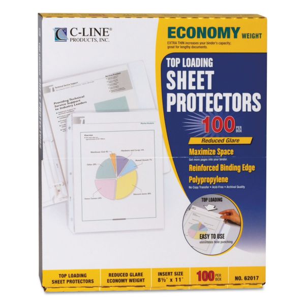 CLI62017 C-Line Top Loading Poly Sheet Protector, Letter, Economy Weight, Reduced Glare, Clear, 100/Box