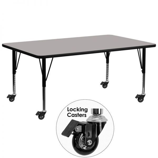 FHFXUA3072RECGYHPCASGG Flash Furniture Mobile 30''W x 72''L Rectangular Activity Table with 1.25'' Thick High Pressure Grey Laminate Top and Height Adjustable Preschool Legs