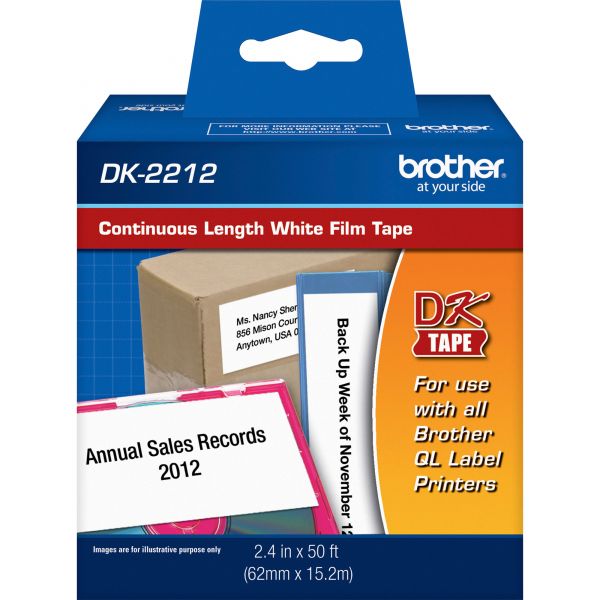 BRTDK2212 Brother Continuous Film Label Tape, 2-2/5" x 50 ft Roll, White