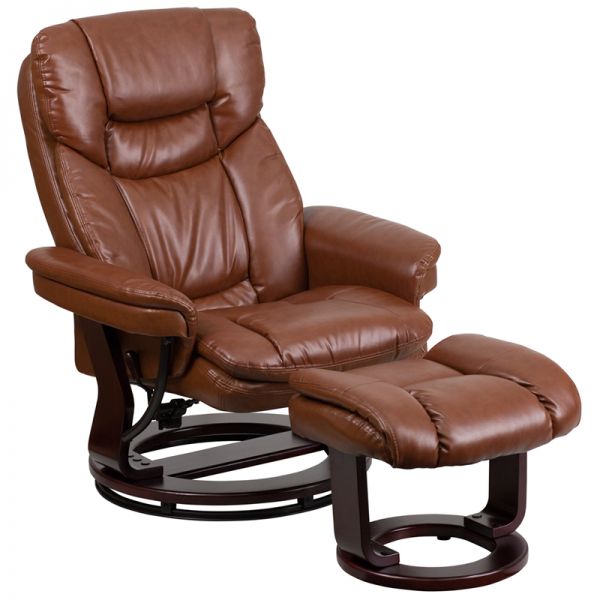 FHFBT7821VINGG Flash Furniture Contemporary Brown Vintage Leather Recliner and Ottoman with Swiveling Mahogany Wood Base