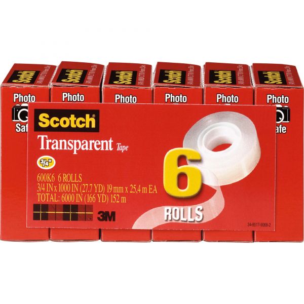MMM600K6 Scotch Transparent Tape, 3/4" x 1000", 1" Core, Clear, 6/Pack