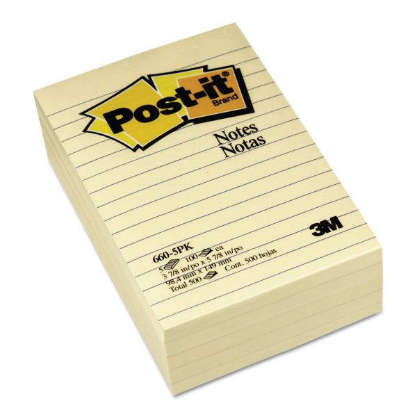 MMM6605PK Post-it Notes Original Pads in Canary Yellow, Lined, 4 x 6, 100-Sheet, 5/Pack