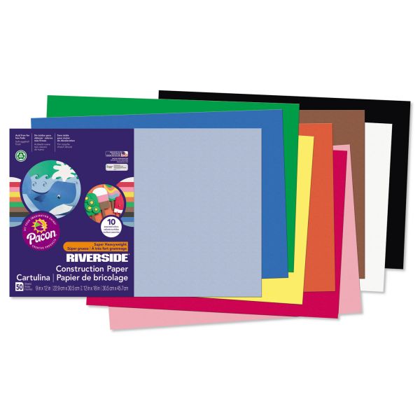 PAC103638 Pacon Riverside Construction Paper, 76 lbs., 12 x 18, Assorted, 50 Sheets/Pack