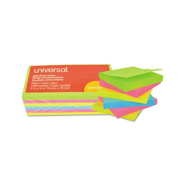 UNV35612 Universal Self-Stick Note Pads, 3 x 3, Assorted Neon Colors, 100-Sheet, 12/Pack