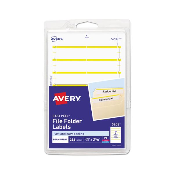 AVE05209 Avery Print or Write File Folder Labels, 11/16 x 3 7/16, White/Yellow Bar, 252/Pack