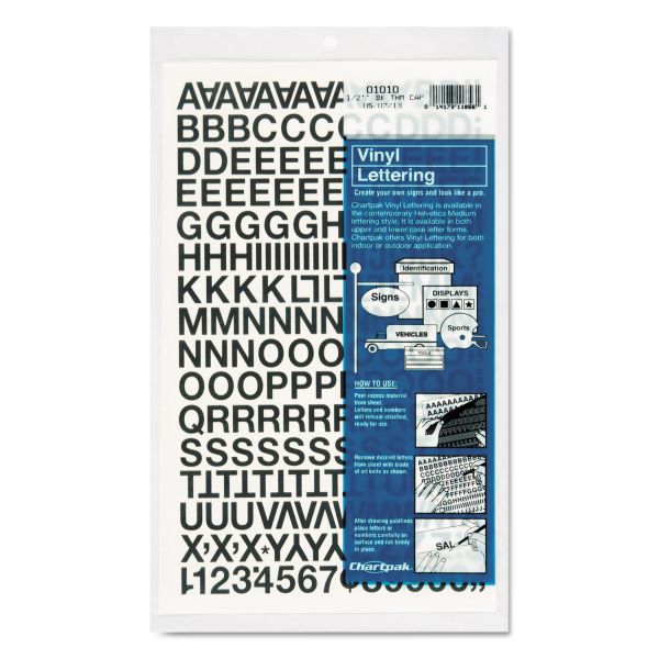 CHA01010 Chartpak Press-On Vinyl Letters & Numbers, Self Adhesive, Black, 1/2"h, 201/Pack