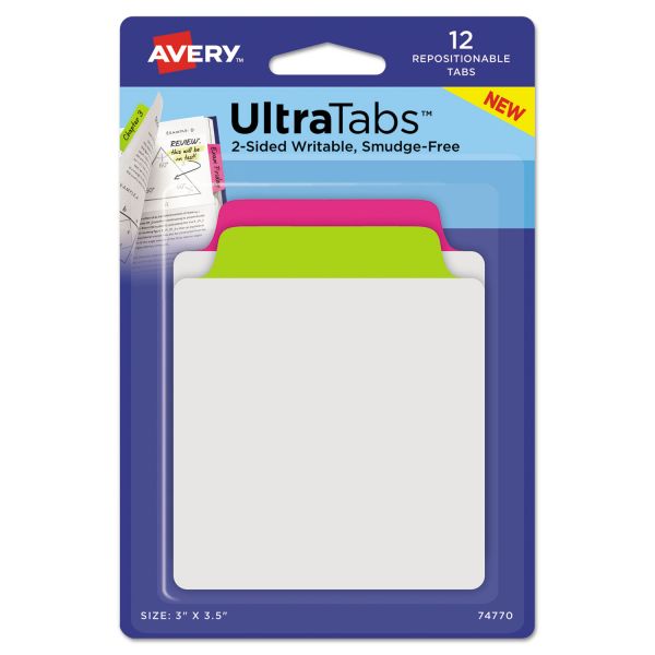 AVE74770 Avery Ultra Tabs Repositionable Tabs, 3 x 3 1/2, Neon: Green, Pink, 12/Pack