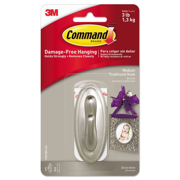 MMM17051BNES Command Decorative Hooks, Traditional, Medium, 1 Hook & 2 Strips/Pack
