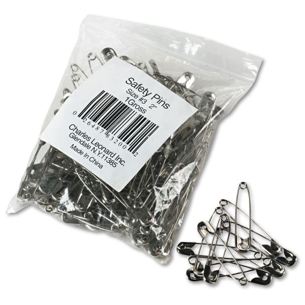 LEO83200 Charles Leonard Safety Pins, Nickel-Plated, Steel, 2" Length, 144/Pack