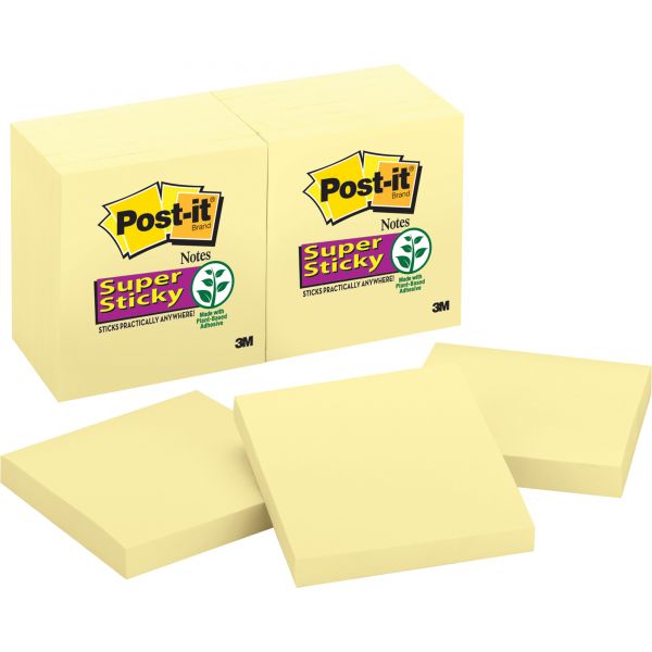 MMM65412SSCY Post-it Notes Super Sticky Canary Yellow Note Pads, 3 x 3, 90-Sheet, 12/Pack