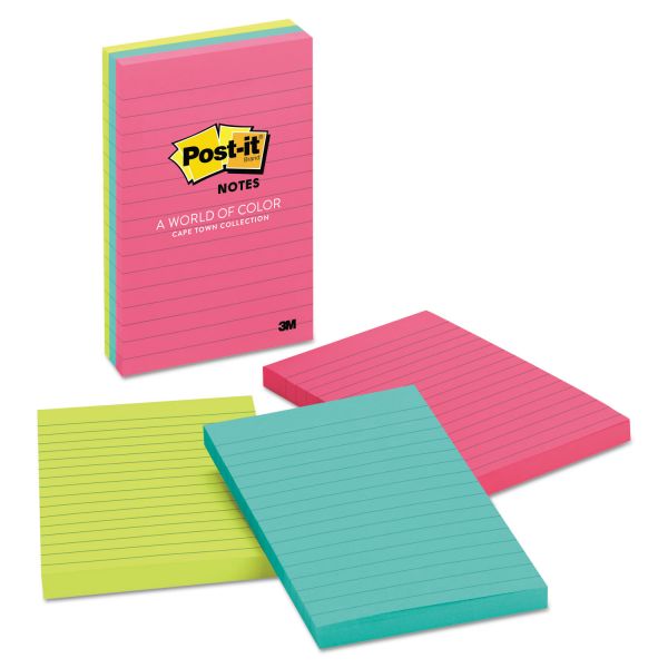 MMM6603AN Post-it Notes Original Pads in Cape Town Colors, Lined, 4 x 6, 100-Sheet, 3/Pack