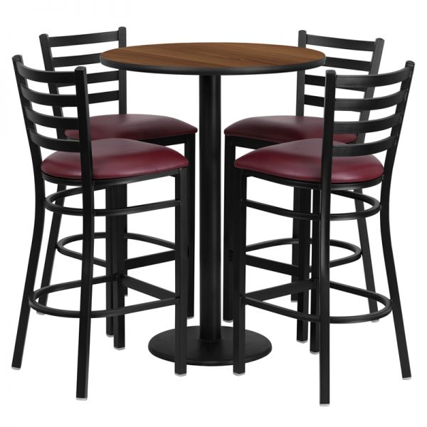 FHFRSRB1028GG Flash Furniture 30'' Round Walnut Laminate Table Set with 4 Ladder Back Metal Barstools - Burgundy Vinyl Seat
