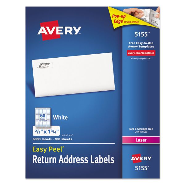 AVE5155 Avery Easy Peel Mailing Address Labels, Laser, 2/3 x 1 3/4, White, 6000/Pack