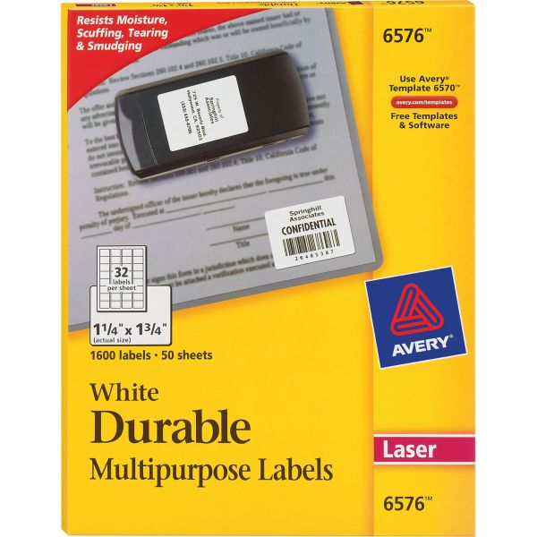 AVE6576 Avery Permanent ID Labels w/TrueBlock Technology, Laser, 1 1/4 x 1 3/4, White, 1600/PK