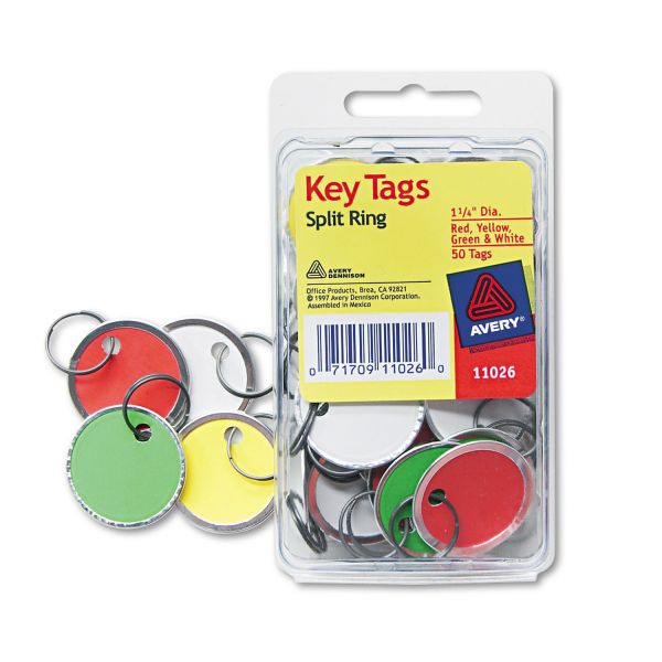 AVE11026 Avery Key Tags with Split Ring, 1 1/4 dia, Assorted Colors, 50/Pack