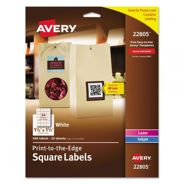 AVE22805 Avery Square Print-to-the-Edge Labels w/TrueBlock, 1 1/2 x 1 1/2, White, 600/PK