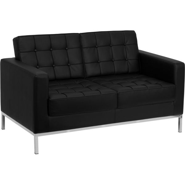 FHFZBLACEY8312LSBKGG Flash Furniture HERCULES Lacey Series Contemporary Black Leather Loveseat with Stainless Steel Frame