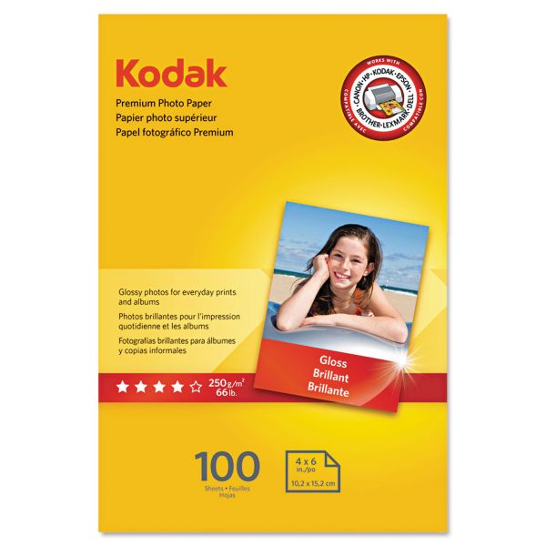 KOD1034388 Kodak Premium Photo Paper, 8.5 mil, Glossy, 4 x 6, 100 Sheets/Pack