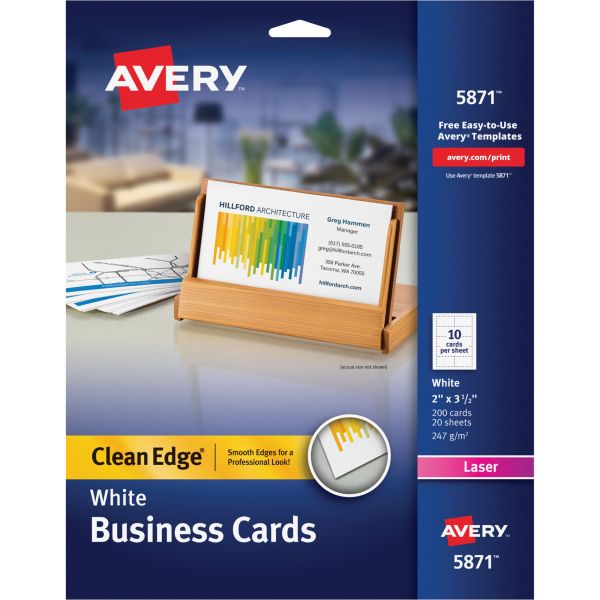 AVE5871 Avery Clean Edge Business Cards, Laser, 2 x 3 1/2, White, 200/Pack