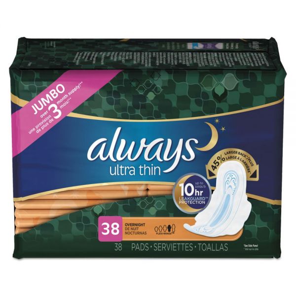 PGC95236 Always Ultra Thin Overnight Pads with Wings, 38/Pack, 6 Pack/Carton