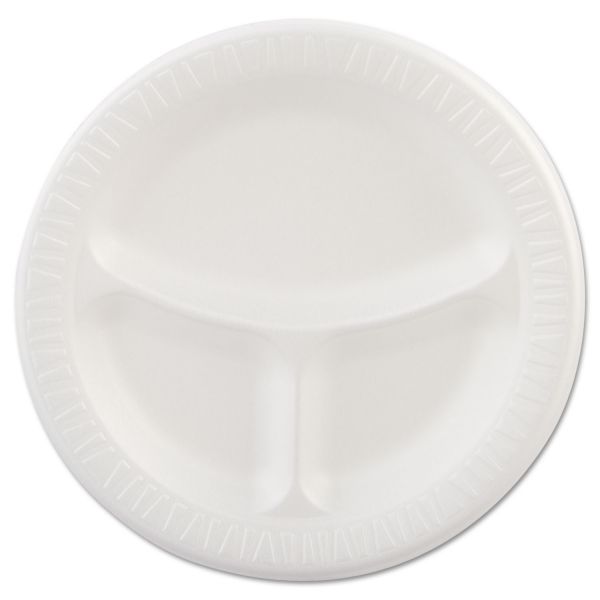DCC9CPWQR Dart Laminated Foam Plates, 9" dia, White, Round, 3 Compartments, 125/Pk, 4 Pks/Ct