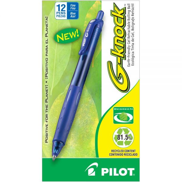 PIL31507 Pilot G-Knock BeGreen Retractable Gel Ink Pen, Blue Ink, .7mm, Dozen