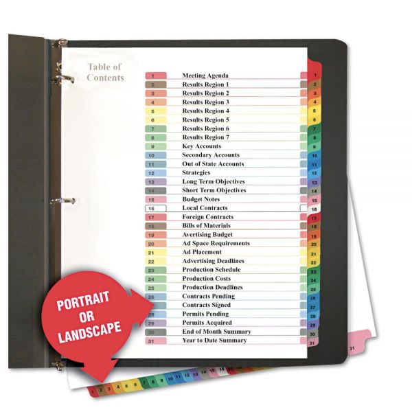 UNV24814 Universal Table of Contents Dividers, Assorted Color 31-Tab, 1-31, Letter, White, 31/Set