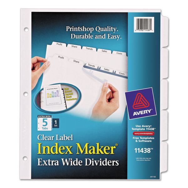 AVE11438 Avery Print & Apply Clear Label Dividers, 5-Tab, White Tab, Letter, 1 Set