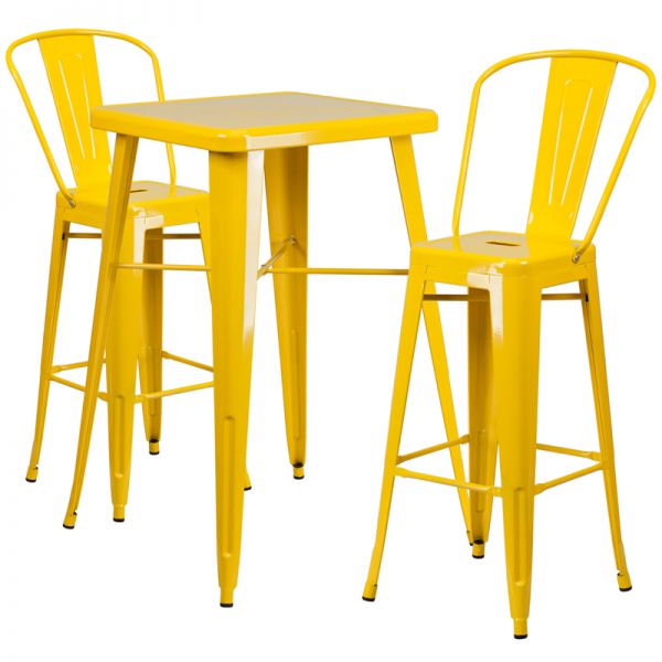 FHFCH31330B230GBYLGG Flash Furniture 23.75'' Square Yellow Metal Indoor-Outdoor Bar Table Set with 2 Barstools with Backs