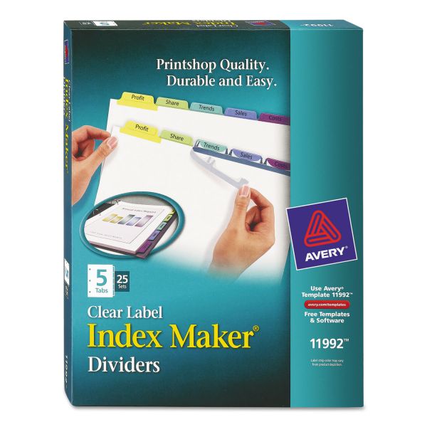 AVE11992 Avery Print & Apply Clear Label Dividers w/Color Tabs, 5-Tab, Letter, 25 Sets
