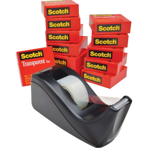 MMM600KC60 Scotch Transparent Tape Dispenser Value Pack, 1" Core, Transparent, 12/Pack