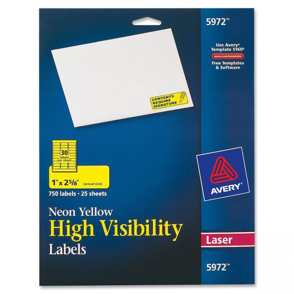 AVE5972 Avery High-Visibility Permanent ID Labels, Laser, 1 x 2 5/8, Neon Yellow, 750/Pack