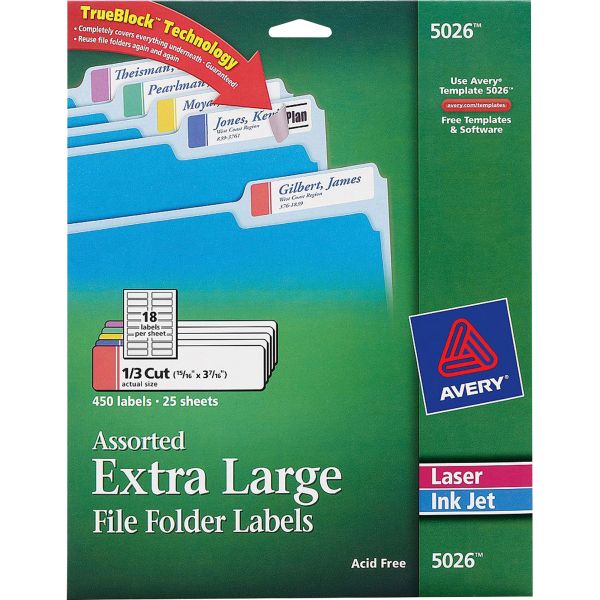 AVE5026 Avery X-Large 1/3-Cut File Folder Labels w/TrueBlock, 15/16 x 3 7/16, WE/ASST, 450/PK