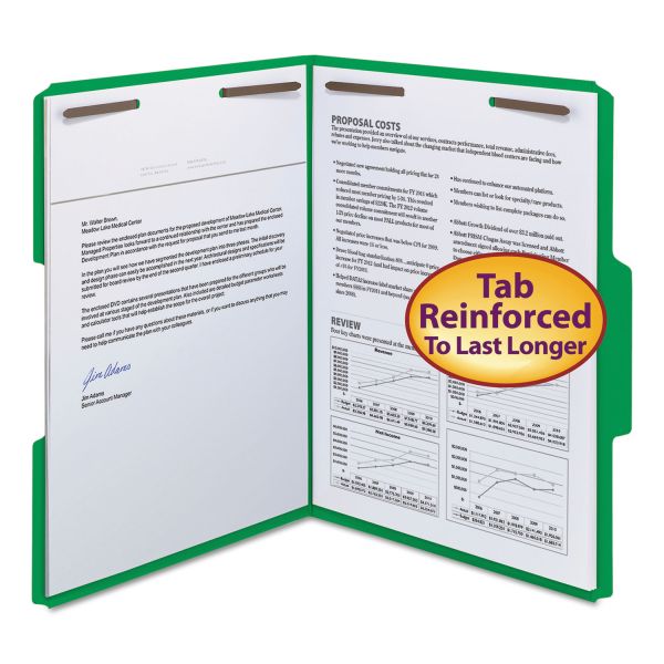 SMD12140 Smead Folders, Two Fasteners, 1/3 Cut Assorted Top Tab, Letter, Green, 50/Box