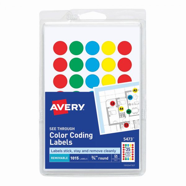 AVE05473 Avery See Through Removable Color Dots, 3/4 dia, Assorted Colors, 1015/Pack