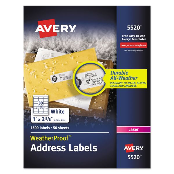 AVE5520 Avery WeatherProof Addess Labels w/TrueBlock, Laser, White, 1 x 2 5/8, 1500/Pack