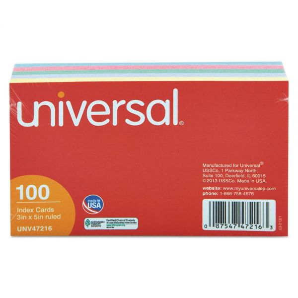 UNV47216 Universal Index Cards, 3 x 5, Blue/Violet/Green/Cherry/Canary, 100/Pack