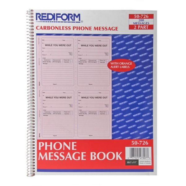 RED50726 Rediform Wirebound Message Book, 4 x 5 1/2, Two-Part, 200 Forms, 120 Alert Labels