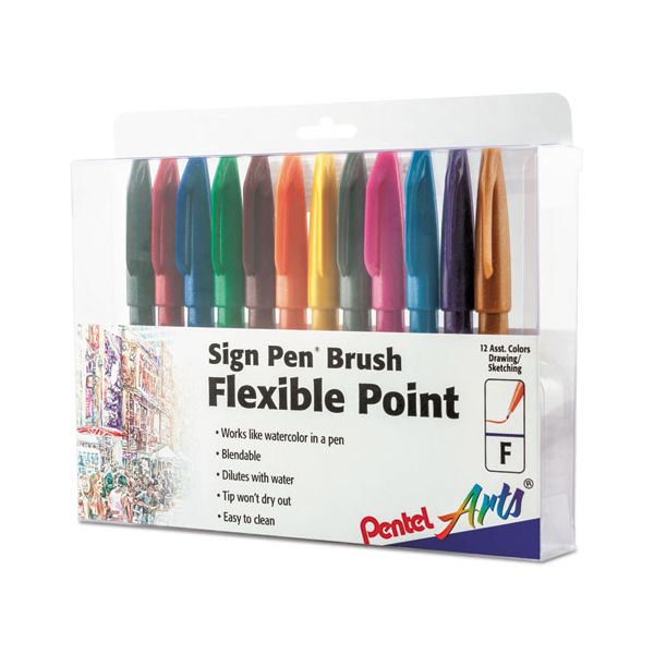 PENSES15CPC12 Pentel Arts Sign Pen Brush Flexible Point Marker Pen, Assorted, 12/Pack