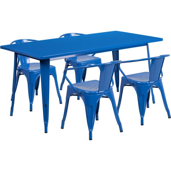 FHFETCT005470BLGG Flash Furniture 31.5'' x 63'' Rectangular Blue Metal Indoor-Outdoor Table Set with 4 Arm Chairs