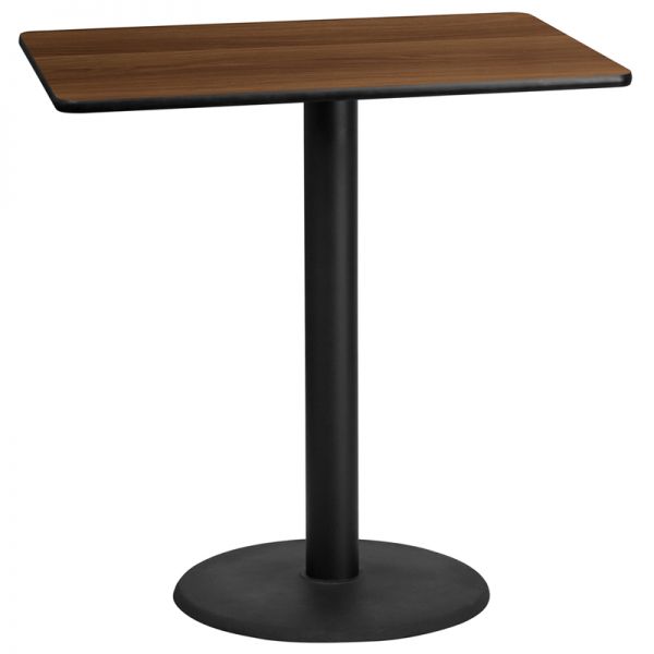 FHFXUWALTB3045TR24BGG Flash Furniture 30'' x 45'' Rectangular Walnut Laminate Table Top with 24'' Round Bar Height Table Base