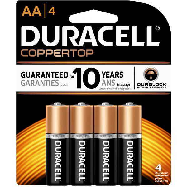 DURMN1500B4Z Duracell CopperTop Alkaline Batteries with Duralock Power Preserve Technology, AA, 4/Pk