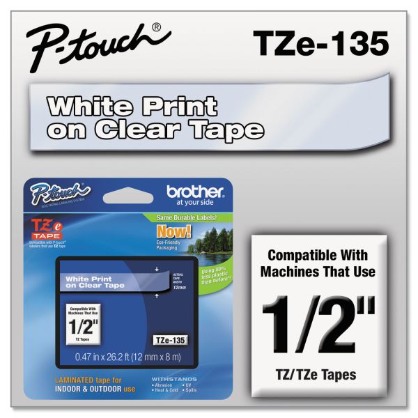 BRTTZE135 Brother P-Touch TZe Standard Adhesive Laminated Labeling Tape, 1/2"w, White on Clear