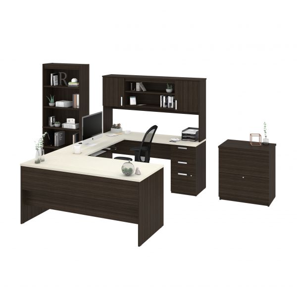 Bestar Ridgeley Ushaped Desk with lateral file and bookcase in Dark
