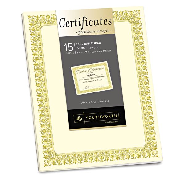 SOUCTP1V Southworth Premium Certificates, Ivory , Fleur Gold Foil Border, 66 lb, 8.5 x 11, 15/Pack