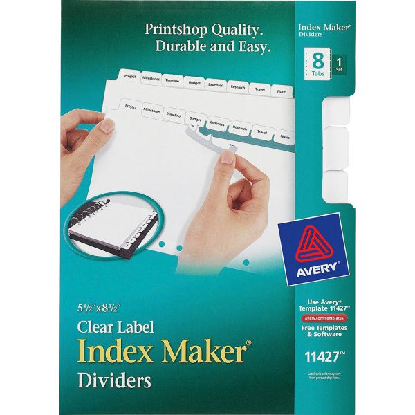 AVE11427 Avery Print & Apply Clear Label Dividers, 8-Tab, White Tab, 5 1/2 x 8 1/2, 1 Set