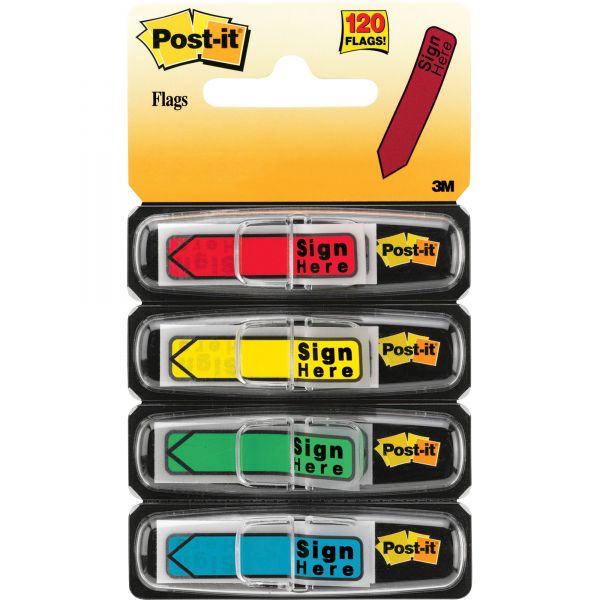 MMM684SH Post-it Flags Arrow Message 1/2" Page Flags, "Sign Here", 4 Colors w/Dispensers, 120/Pack