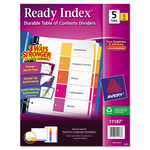 AVE11187 Avery Ready Index Customizable Table of Contents, Asst Dividers, 5-Tab, Ltr, 6 Sets
